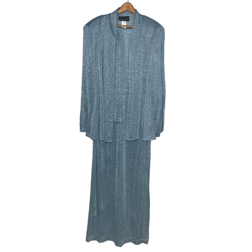Alex Evenings 16W Blue Silver Shimmer Metallic Knit 2 Piece Jacket Dress Set